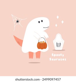 Halloween Dinosaur Illustration, Spooky Dino with Jack-o-Lantern.