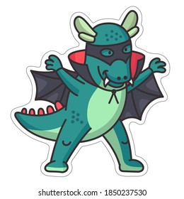 Halloween dinosaur sticker.Vector illustration in cartoon style with an emotional character, a dinosaur, who is dressed in a costume for the Halloween holiday. For use such as a sticker, logo.