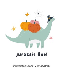 Halloween Diplodocus Dinosaur Illustration, Spooky Dino with Pumpkins.