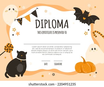 Halloween diploma template for kids with cute ghost, bat, black cat, pumpkin, sweets, bunting, stars. School, preschool, kindergarten certificate frame with copy space. Vector cartoon illustration