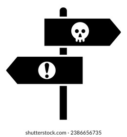 Halloween direction pointers solid icon, Halloween concept, wooden signposts sign on white background, signboard with skull and exclamation icon in glyph style for mobile. Vector graphics