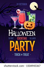 Halloween disco cocktail party poster with jack o lantern pumpkin and full moon. Halloween background