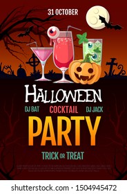 Halloween disco cocktail party poster with jack o lantern pumpkin and full moon. Halloween background