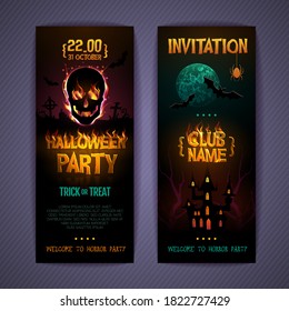 Halloween disco party poster with burning letters and human skull silhouette. Invitation design. Halloween background