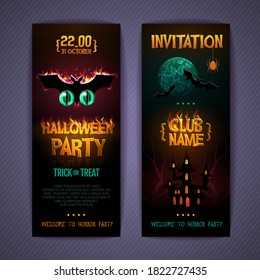 Halloween disco party poster with burning letters and bat silhouette. Invitation design. Halloween background
