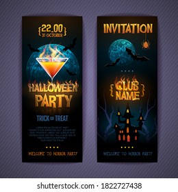 Halloween disco party poster with burning letters and cocktail. Invitation design. Halloween background
