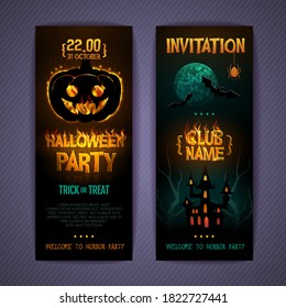 Halloween disco party poster with burning letters and jack o lantern. Invitation design. Halloween background