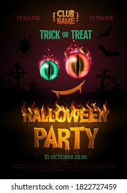 Halloween disco party poster with burning cat eyes and cemetery. Halloween background