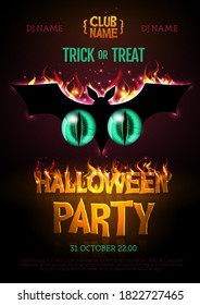 Halloween disco party poster with burning letters and bat silhouette. Halloween background