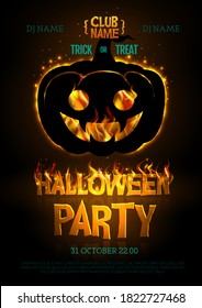 Halloween disco party poster with burning letters and jack o lantern. Halloween background