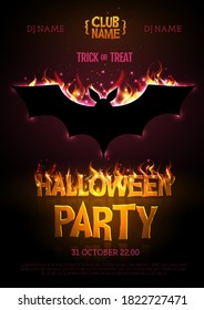 Halloween disco party poster with burning letters and bat silhouette. Halloween background