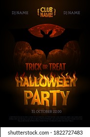 Halloween disco party poster with burning letters, full moon and bat silhouette. Halloween background