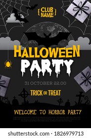 Halloween disco party poster with full moon and bat silhouette. Halloween background