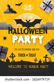 Halloween disco party poster with full moon and bat silhouette. Halloween background