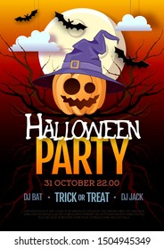 Halloween disco party poster with jack o lantern pumpkin and full moon. Halloween background