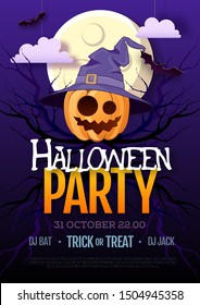 Halloween disco party poster with jack o lantern pumpkin and full moon. Halloween background