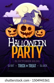 Halloween disco party poster with jack o lantern pumpkin and full moon. Halloween background