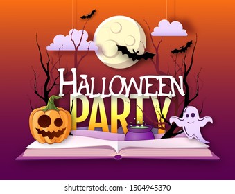 Halloween disco party poster with jack o lantern pumpkin and full moon. Halloween background