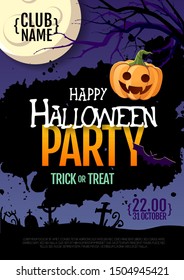 Halloween disco party poster with jack o lantern pumpkin and full moon. Halloween background