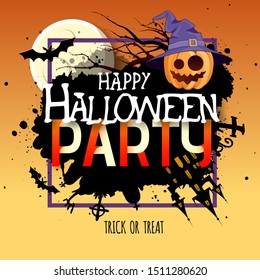 Halloween disco party poster with jack o lantern pumpkin and full moon. Halloween background