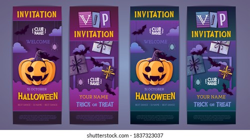 Halloween disco party poster with jack o lantern and gift boxes. Invitation design. Halloween background