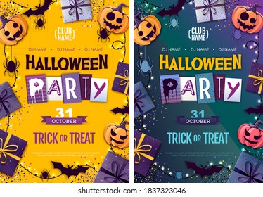 Halloween disco party poster with jack o lantern and gift boxes. Halloween background