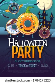 Halloween disco party poster with kawaii sweet donuts.
