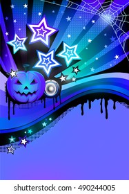 Halloween disco party poster with pumpkin, stars and place for text. Halloween card. Colorful halftone background. Template for flyer, invitations, banners. Vector EPS-10