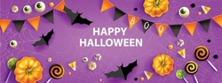 Halloween Discount Banner, Autumn Holiday Season Background, Funny Candy Lollipop Garland, Spiderweb. Vector Purple Promotion Poster, Pumpkin, Spooky Sweets, Cute Scary Eye. Halloween Banner Flyer
