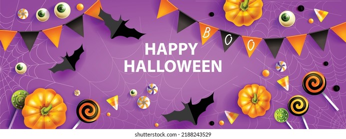 Halloween discount banner  autumn holiday season background  funny candy lollipop garland  spiderweb  Vector purple promotion poster  pumpkin  spooky sweets  cute scary eye  Halloween banner flyer
