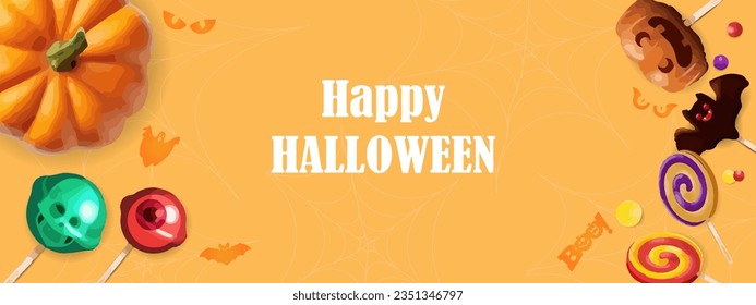 Halloween discount banner, autumn holiday season background, funny candy lollipop garland, spiderweb. Vector orange promotion poster, pumpkin, spooky sweets, cute scary eye. Halloween banner flyer