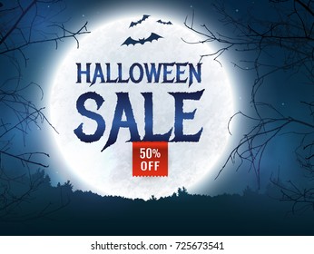 Halloween discount banner. Background with full moon, scary trees and bats silhouettes. Spooky night. Template for web advertising holiday sales. Vector illustration.