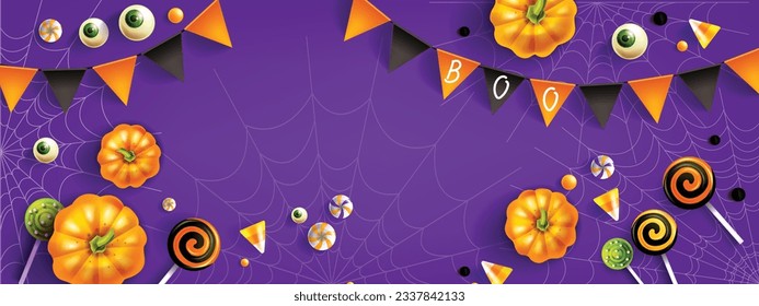 Halloween discount banner, candy lollipop garland, funny autumn holiday season background, spiderweb. Vector purple promotion poster, cute scary eye, pumpkin, spooky sweets. Halloween banner flyer