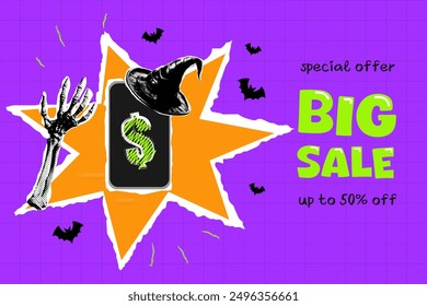 Halloween Discount Banner. Collage halftone style. 
