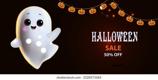 Anuncio de descuento de Halloween. Fantasma lindo sobre fondo oscuro y guirnaldas de calabazas