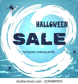 Halloween discount banner. Fairytale background with spiders and cobwebs. Suitable for banner, background and party invitation. Vector illustration