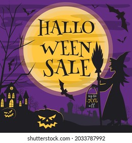 Halloween discount banner with full moon, witch, pumpkins, old castle, bats, trees on a purple background. Vector image.