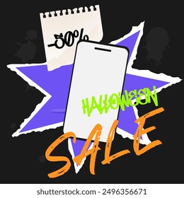 Halloween discount banner with phone, for social media. Collage halftone style collage. 