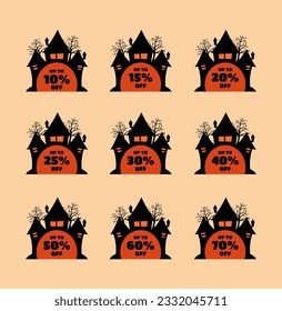 Halloween discount labels. Discount label for Halloween sale promotion decorated with pumpkins, skulls, tombstones, coffins, vampires and haunted houses. Vector with transparent background.