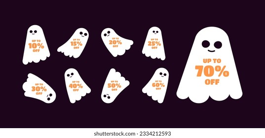 Halloween discount labels. Discount label for Halloween sale promotion decorated with pumpkins, skulls, tombstones, coffins, vampires and haunted houses. Vector with transparent background.