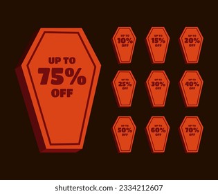 Halloween discount labels. Discount label for Halloween sale promotion decorated with pumpkins, skulls, tombstones, coffins, vampires and haunted houses. Vector with transparent background.