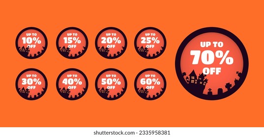 Halloween discount labels. Discount label for Halloween sale promotion decorated with pumpkins, skulls, tombstones, coffins, vampires and haunted houses. Vector with transparent background.