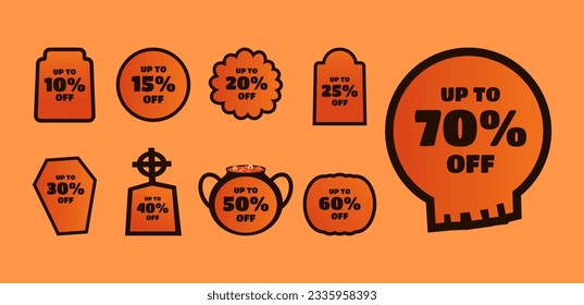 Halloween discount labels. Discount label for Halloween sale promotion decorated with pumpkins, skulls, tombstones, coffins, vampires and haunted houses. Vector with transparent background.