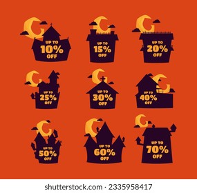Halloween discount labels. Discount label for Halloween sale promotion decorated with pumpkins, skulls, tombstones, coffins, vampires and haunted houses. Vector with transparent background.