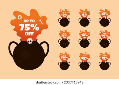 Halloween discount labels. Discount label for Halloween sale promotion decorated with pumpkins, skulls, tombstones, coffins, vampires and haunted houses. Vector with transparent background.