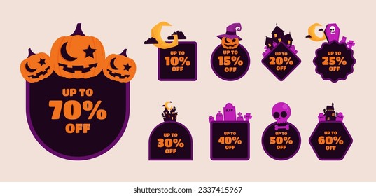 Halloween discount labels. Discount label for Halloween sale promotion decorated with pumpkins, skulls, tombstones, coffins, vampires and haunted houses. Vector with transparent background.