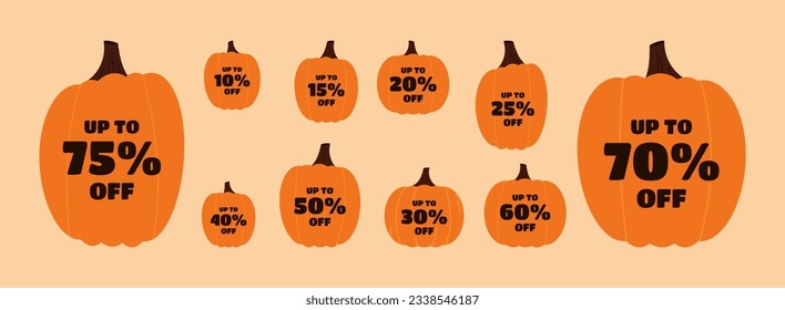 Halloween discount labels. Discount label for Halloween sale promotion decorated with pumpkins, skulls, tombstones, coffins, vampires and haunted houses. Vector with transparent background.