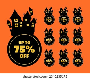 Halloween discount labels. Discount label for Halloween sale promotion decorated with pumpkins, skulls, tombstones, coffins, vampires and haunted houses. Vector with transparent background.