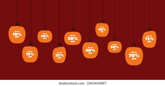 Halloween discount labels. Discount label for Halloween sale promotion decorated with pumpkins, skulls, tombstones, coffins, vampires and haunted houses. Vector with transparent background.