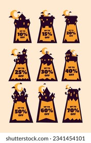 Halloween discount labels. Discount label for Halloween sale promotion decorated with pumpkins, skulls, tombstones, coffins, vampires and haunted houses. Vector with transparent background.